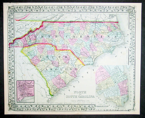 1870 S Augustus Mitchell Antique Map North & South Carolina