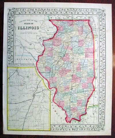 1869 Mitchell Antique Map of The State of Illinois