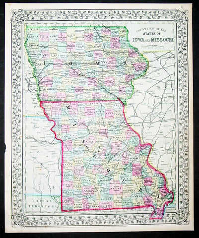 1870 Samuel Augustus Mitchell Antique County Map of Iowa and Missouri