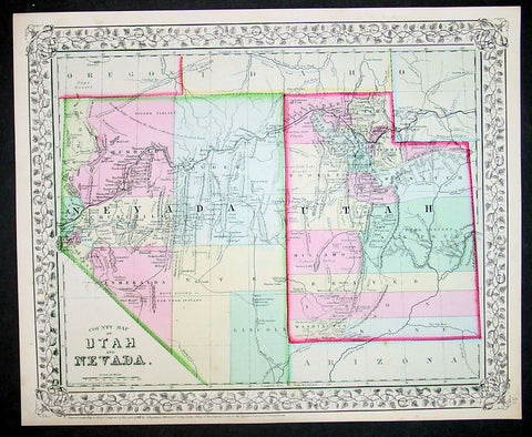 1870 S Augustus Mitchell Antique County Map of Utah and Nevada