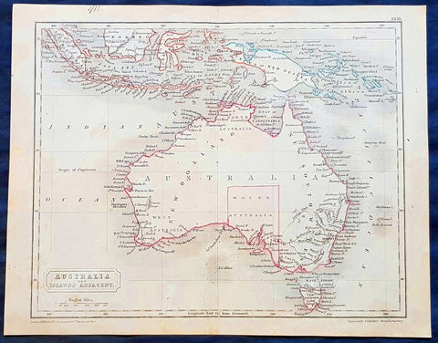 1830 Sydney Hall Antique Map of Australia, New Holland, Swan River Settlement