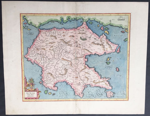 1623 Mercator Hondius Antique Map of Morea - the Greek Peloponnesus, Greece