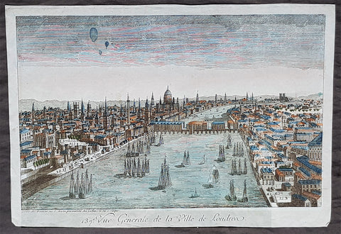 1760 Vue D Optique Antique Print View of London, Old London Bridge to St Pauls