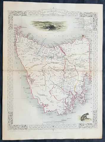 1851 John Tallis Antique map of Tasmania or Van Diemens Land, Australia