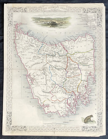 1851 John Tallis Antique Map of Van Diemens Land or Tasmania, Australia