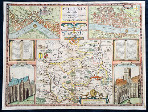 1676 John Speed Antique Map of County of Midlesex Views London & Westminster