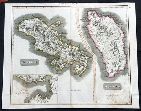 1817 John Thompson Large Antique Map Caribbean Islands of Martinique & Dominica