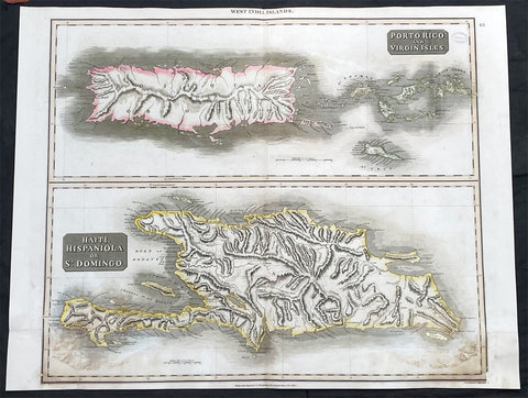 1815 John Thompson Large Antique Map Caribbean Is. of Porto Rico, Virgins, Haiti