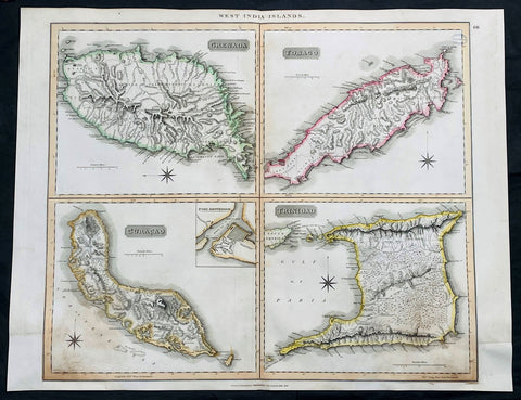 1816 John Thompson Large Antique Map Grenada, Tobago, Curacao Trinidad Caribbean