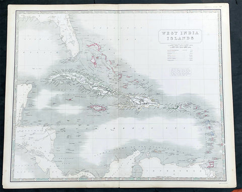 1845 Johnston Large Antique Map Florida, Caribbean, Cuba, Haiti, Central America