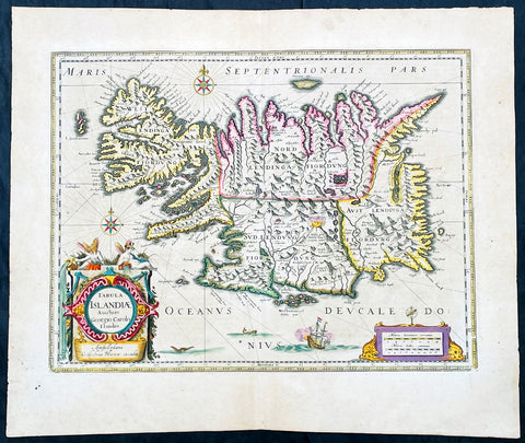 1644 Willem Blaeu Antique Map of Iceland - Beautiful Original Hand Colouring