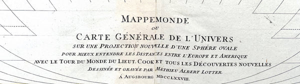 1778 Matthaus Lotter Large Oval World Map showing Capt Cooks 1st Voyage - Rare 1st edition