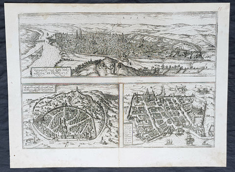 1574 Braun & Hogenberg Antique Map City Views of Rouen, Nimes & Bordeaux France