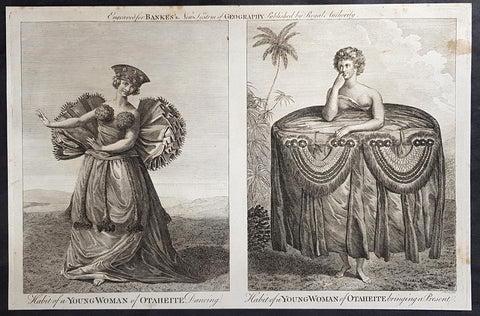 1787 Bankes Antique Print of Dancing Girls & Gifts in Tahiti During Cooks 3rd Voyage, 1777