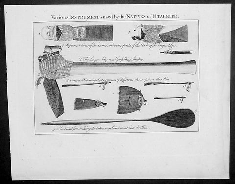 1787 Bankes Antique Print Tools Axe, Tattoo Needle, Scrapers, Tahiti - Cook 1769