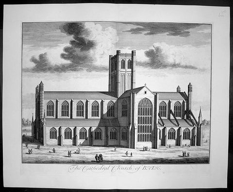 1724 Johannes Kip Large Antique Print of Bath Cathedral, Somerset, England