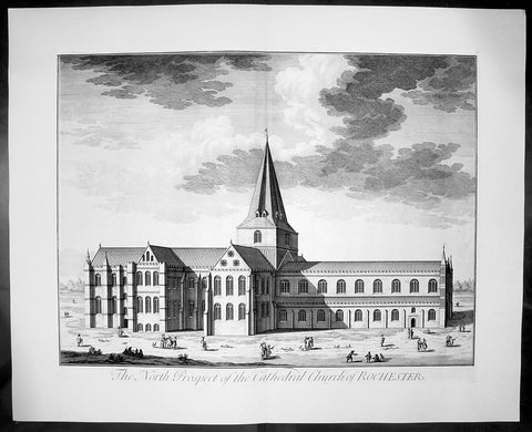 1724 Johannes Kip Large Antique Print of Rochester Cathedral, Kent, England