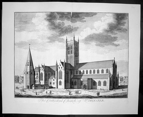 1724 Kip Large Folio Antique Print of Worcester Cathedral, England