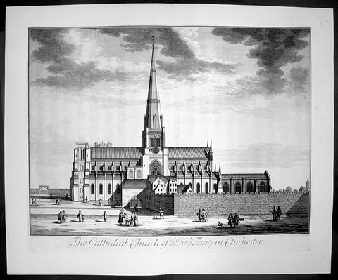 1724 Johannes Kip Large Antique Print The Holy Trinity Cathedral, Chichester, England