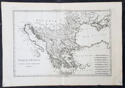1780 Rigobert Bonne Original Antique Map of Turkey in Europe - Greece to Hungary