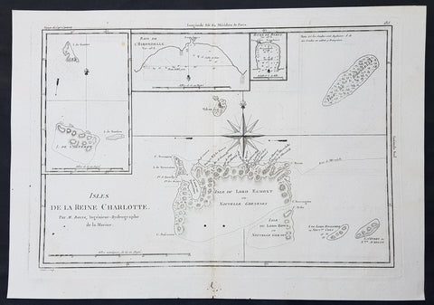 1780 Bonne Original Antique Map of Santa Cruz Isles, Solomon Islands Sth Pacific Lord Howe, Nendo