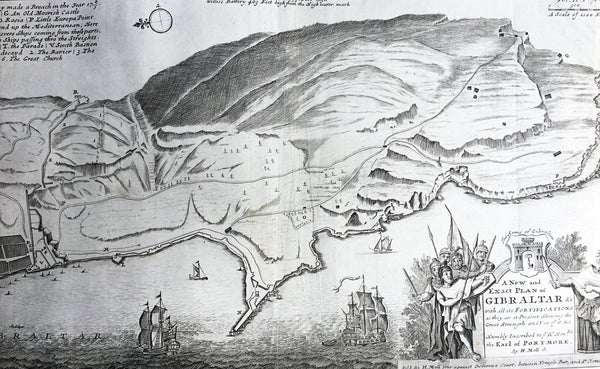 1728 Hermann Moll Large Antique Map and View of Gibraltar - 2nd Spanish Seige