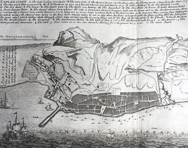 1728 Hermann Moll Large Antique Map and View of Gibraltar - 2nd Spanish Seige