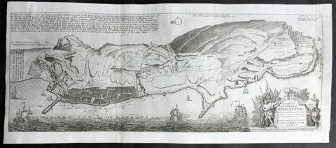 1728 Hermann Moll Large Antique Map and View of Gibraltar - 2nd Spanish Seige