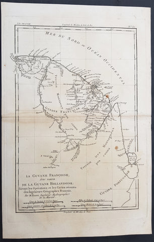 1780 Bonne Antique Map of French & Dutch Guyana, South America