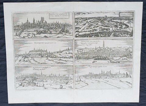 1574 Braun & Hogenberg Antique Map Munchen, Ingolstadt, . Freising, Nordligen, Regensburg, Straubing, Germany