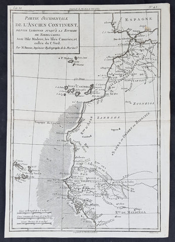 1780 Rigobert Bonne Original Antique Map NW Africa Morocco to Senegal Canary Is.