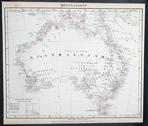 1845 Handtke & Flemming Large Antique Map of Australia - Population of 213,500