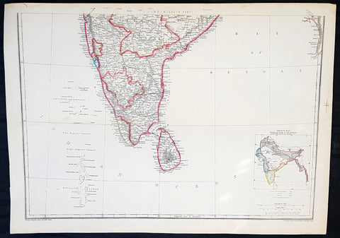 1857 Edward Weller Large Antique Map of Southern India & Sri Lanka, Ceylon