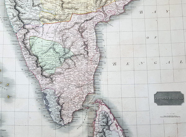 1816 John Thomson Large Antique Map of Southern India & Northern Sri Lanka