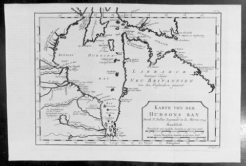 1744 Nicolas Bellin Original Antique Map of Hudsons Bay & Surrounds, Canada