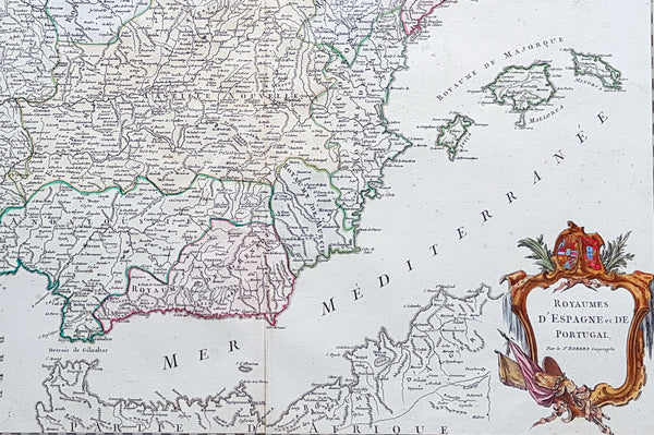 1757 Robert De Vaugondy Large Antique Map Spain, Portugal & The Balearic Islands