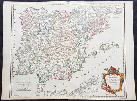 1757 Robert De Vaugondy Large Antique Map Spain, Portugal & The Balearic Islands
