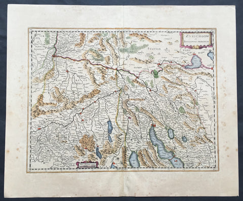 1636 Mercator Hondius Large Old, Antique Map Zurich & Basel Cantons, Switzerland