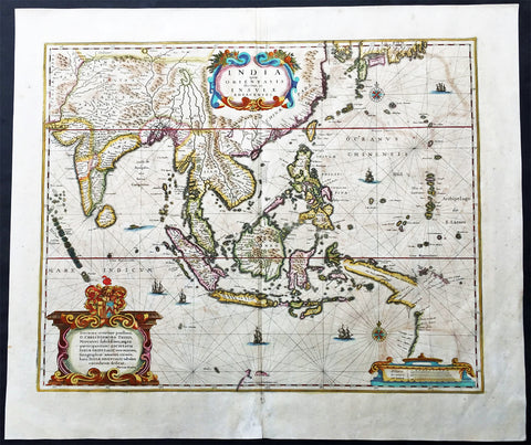 1639 Hondius Antique Map of Australia, East Indies, India to China - Duyfken