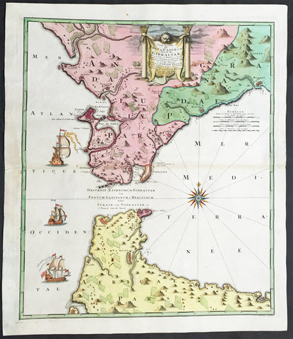 1730 Homann Large Antique Map Straits of Gibraltar Cadiz, Morocco, Malaga, Spain