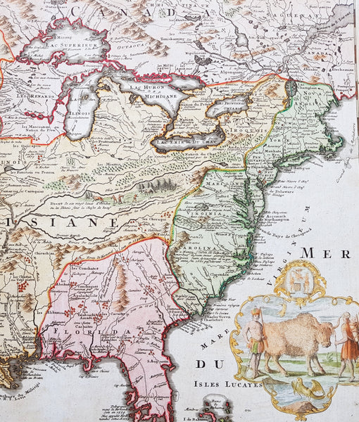 1720 Homann Large Old, Antique Map of North America, Louisiana, Mississippi, Buffalo Map