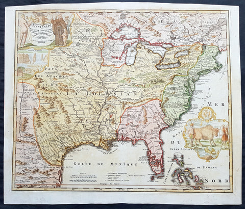 1720 Homann Large Old, Antique Map of North America, Louisiana, Mississippi, Buffalo Map