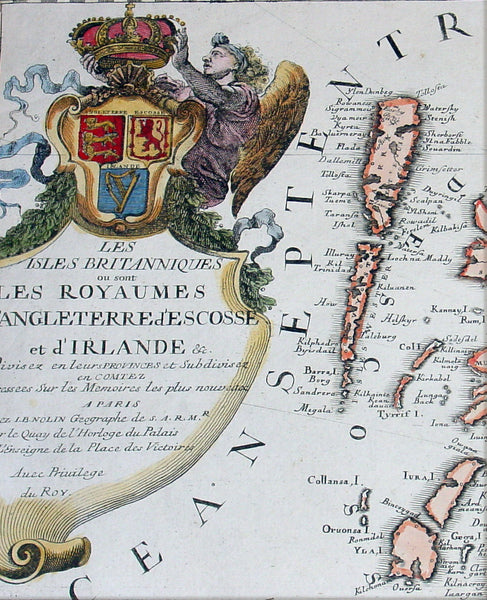 1707 Nolin Coronelli Large Antique Map of Great Britain & Ireland - England