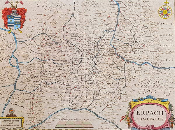 1646 Jan Jansson Antique Map Erbach Hesse & Baden-Württemberg Heidelberg Germany