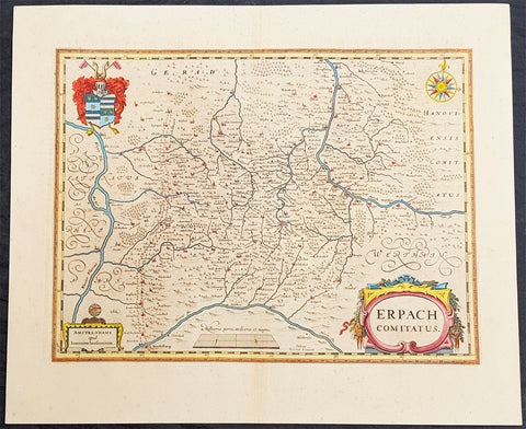 1646 Jan Jansson Antique Map Erbach Hesse & Baden-Württemberg Heidelberg Germany