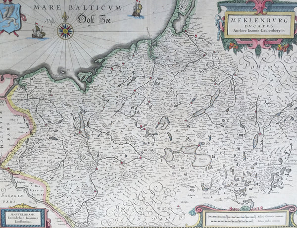 1646 Jan Jansson Antique Map of Mecklenburg NE Germany Rostock, Wizmar, Parchim
