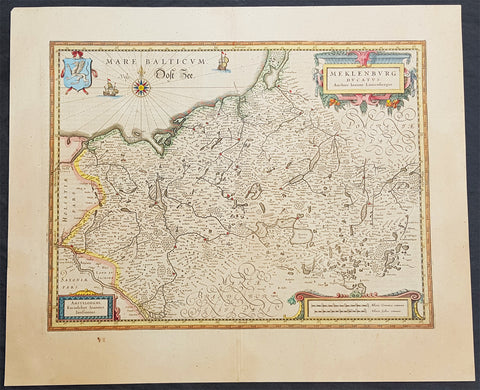 1646 Jan Jansson Antique Map of Mecklenburg NE Germany Rostock, Wizmar, Parchim