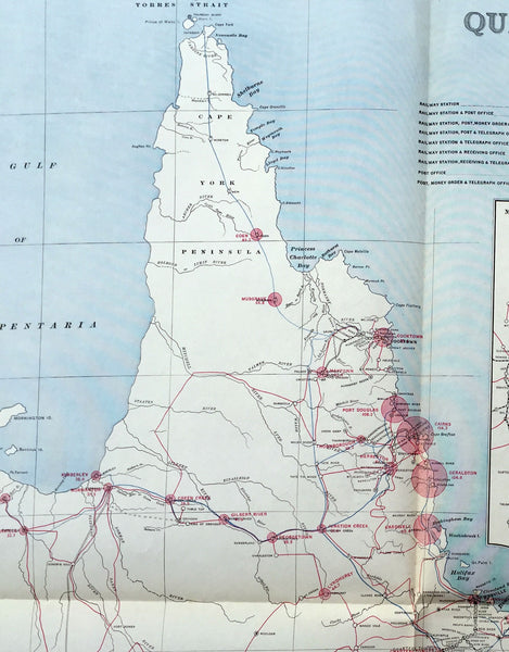 1888 Picturesque Atlas of Australia Large Antique Railway Map of Queensland