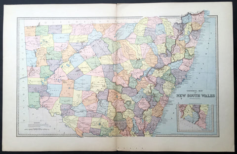1888 Picturesque Atlas Large Antique Map of New South Wales, Australia
