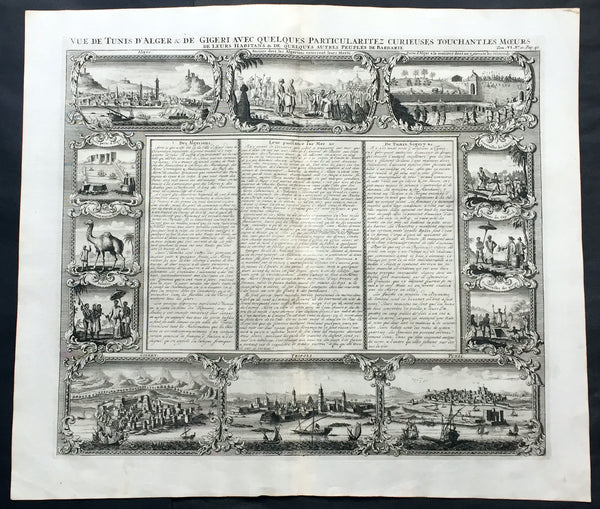 1719 Chatelain Large Antique Print North Africa City Views Algiers, Jijel, Tripoli & Tunis